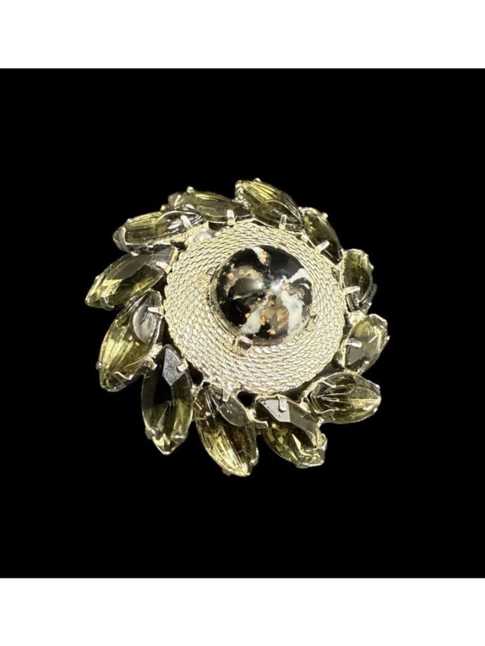 Green Marquis Navette Brooch Prong Set Rhinestone Wreath Pinwheel Vintage